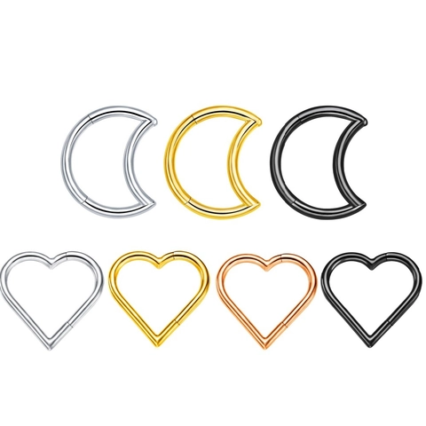 Heart Moon Ear Cartilage Helix Ring 316L Surgical Steel Seamless Clicker Daith Piercing Jewelry Zirconia