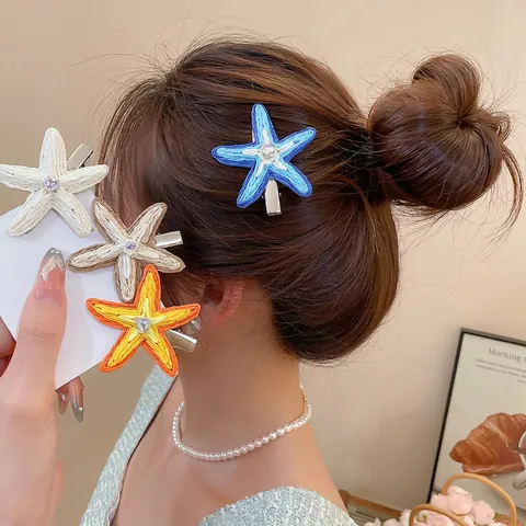 Seestern Haarspange Raffiabast Strohgeflecht Straßlegierung Entenschnabel Sommer Strand Urlaub Haarschmuck Damen Mädchen