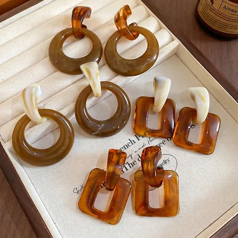 Vintage Geometrische Hars Hanger Oorbellen Met 925 Sterling Zilveren Steker Retro Amber Bruin Gemarmerd Voor Dames