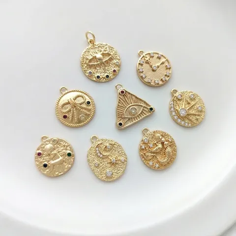 14K Gold Plated Copper Celestial Pendants With Zirconia Evil Eye Star Moon Angel Mermaid Clock Round Charms For Jewelry DIY