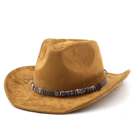Western Cowboy Hat Suede Felt Wide Rolled Brim With Steampunk Gear Woven Band For Men Women Outdoor Retro Style