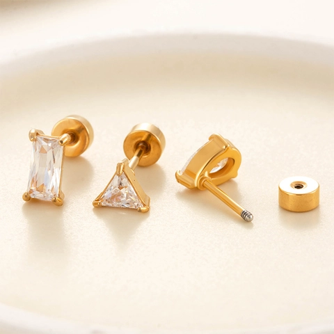 Stainless Steel Cartilage Piercing Stud Earrings Zirconia Heart Water Drop Triangle Square Geometric Screw Back Jewelry