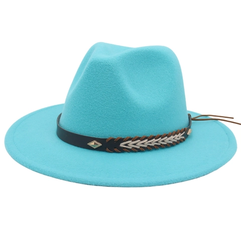 Fedora Hat Wool Felt Wide Brim Jazz Hat With Woven Leather Band Metal Rivets Vintage British Style Men Women