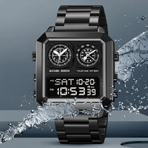 Montre Homme Carrée Numérique Analogique Multi Fuseaux Horaires Étanche Alliage Zinc Acier Inoxydable Sport Électronique