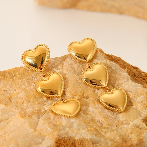 Drievoudige Hart Druppeloorbellen 18K Verguld Roestvrij Staal Kralenrand Geometrische Sieraden Dames Elegant Ins Stijl