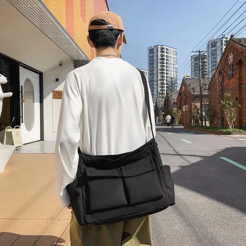 Canvas Messenger Bag Grote Capaciteit Multi Pocket Verstelbare Brede Riem Casual Schoudertas School Reizen Workwear Stijl