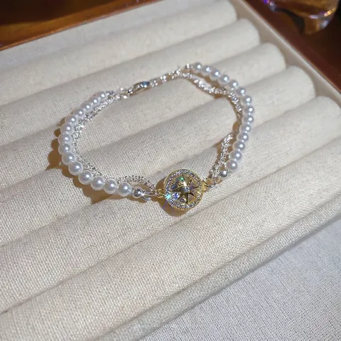 Bracciale Di Künstliche Perle Doppio Strato Con Pendente Stella Zircone Catena Di Rame Gioielli Eleganti Per Donna