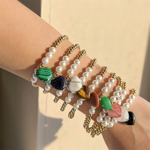 Elegant Beaded Bracelet Heart Shaped Natural Stone Agate Tiger Eye Pendant Copper Beads Imitation Artificial Pearls Elastic Jewelry