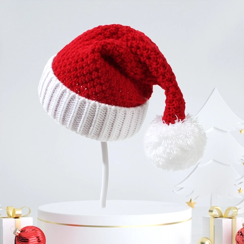 Cappello Di Babbo Natale In Maglia Lana Pompon Rosso Bianco Accessorio Costume Festa Genitore Figlio Copricapo Caldo