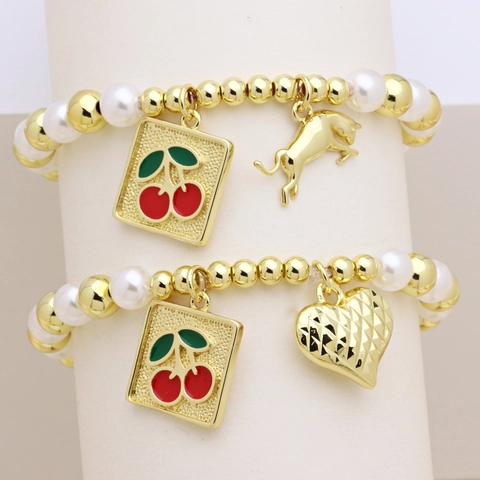 Pulsera de Cuentas de Perlas Artificiales de Cobre Chapado en Oro para Mujer Con Dijes de Corazón Toro Cereza Joyería