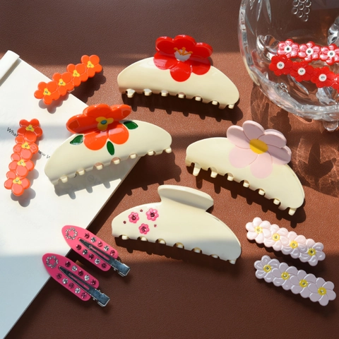 Flower Hair Claw Clip And Side Clips Acetate Resin Floral Design Fashion Hair Styling Accessories For Women Girls Fresh