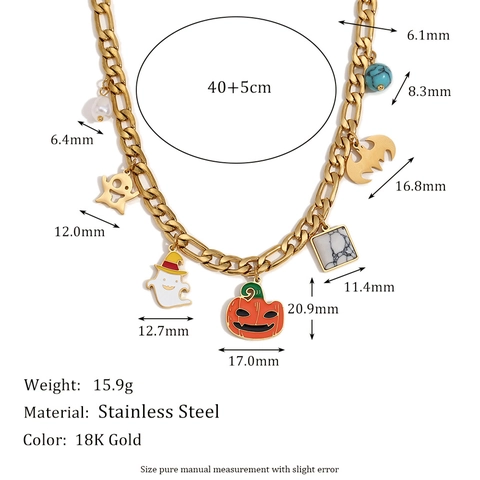 Collar Halloween Fantasma Calabaza Murciélago Mujer Bañado Oro 18K Acero Inoxidable Cadena Figaro Perla Artificial Turquesa Mármol