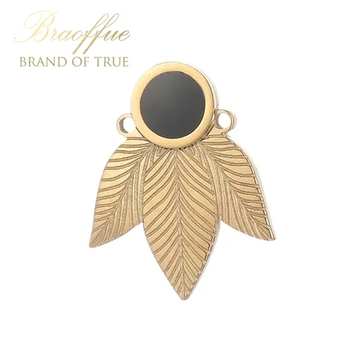 Stainless Steel Leaf Pendant Golden With Round Black Inlay DIY Jewelry Making Connector Clover Shape Accessory