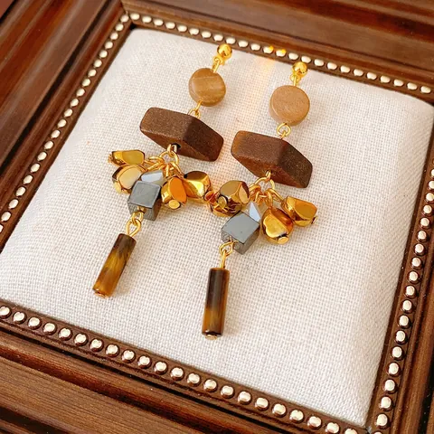 Orecchini Pendenti Boho Vintage Con Occhio Di Tigre Legno Ematite E Perno In Argento Stile Etnico Donna