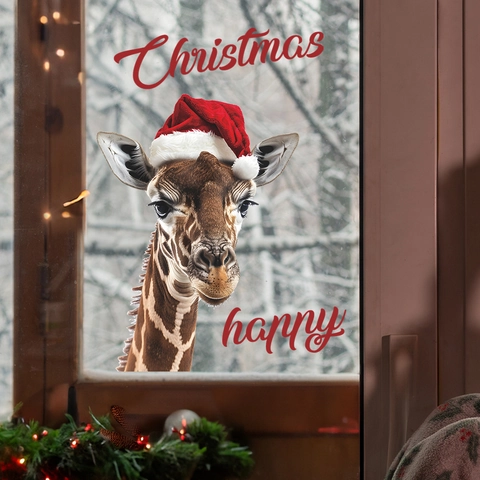 Christmas Giraffe Window Cling Static PVC Sticker Removable Holiday Wall Decal For Glass Home Decor