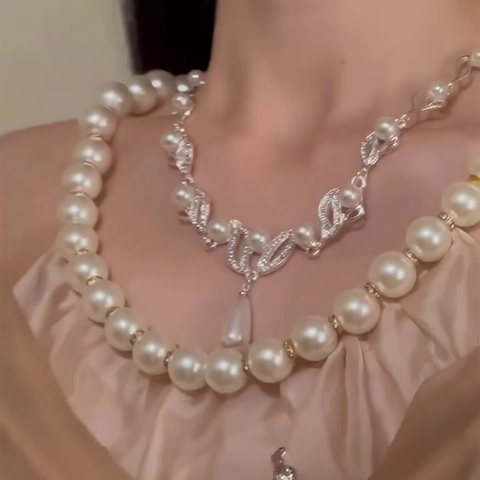 Conjunto De Joyas De Aleación Perla Artificial Diamantes De Imitación Vintage Collar De Cadena Clavícula Colgante Gota De Agua Hoja Pendientes