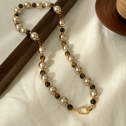 Retro Double Layered Necklace With Faux Artificial Pearl And Tiger Eye Stone Square Pendant Gold Snake Chain For Women Elegant