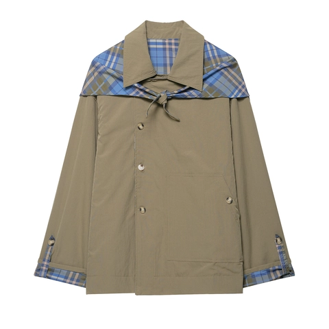 Women Polyester Jacket Reversible Plaid Patchwork Scarf Collar Tie Neck Button Up British Style Retro Outerwear