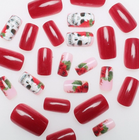 Glossy Red Press On Nails Gothic Skull And Rose Pattern Square Shape False Nails For Women Halloween Nail Art