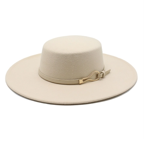 Vintage Flat Top Boater Hat Wide Brim Cotton Polyester Wool Felt Jazz Fedora Solid Color Retro British Style Unisex