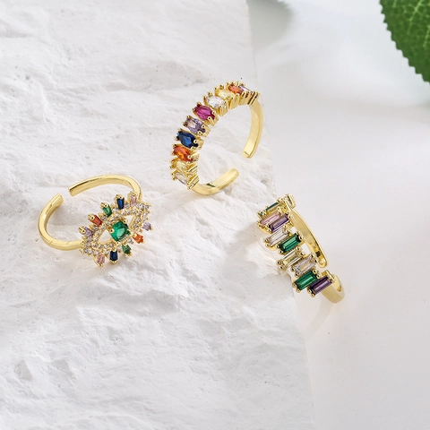 18K Gold Plated Copper Open Ring For Women With Colorful Cubic Zirconia Evil Eye Rainbow Geometric Adjustable Luxury
