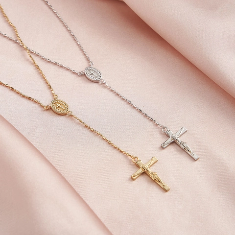 925 Sterling Zilveren Kruis Rozenkrans Halsketting Voor Dames Y-Vormige Lariat Sleutelbeen Ketting Goud Zilver Vergulde Sieraden