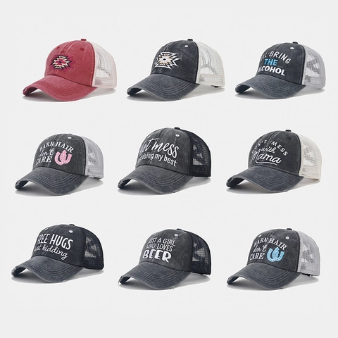 Cappello Da Baseball In Cotone Lavato Rete Trucker Hat Distressed Ricamato Foro Per Coda Di Cavallo Estate Retrò Regolabile Donne
