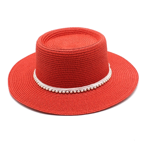 Cappello Di Paglia Da Donna Stile Boater Tesa Larga Protezione Solare Spiaggia Estate Elegante Vintage Con Künstliche Perle Decorativo