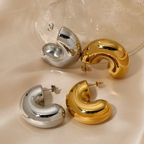 Orecchini A Cerchio Chunky Acciaio Inossidabile Cavi Forma C Minimalista Goccia D'acqua Geometrici Lucidati Per Donna