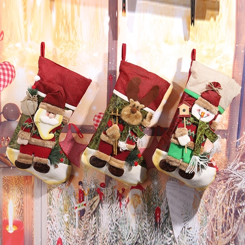 Burlap Christmas Stocking Gift Bag With 3D Santa Claus Snowman Reindeer Doll Holiday Tree Hanging Ornament Candy Bag Decor