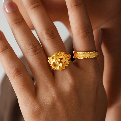 Blumen Cluster Offener Ring Kupfer 24K Vergoldet Verstellbar Geometrisch Retro Stil Schmuck Für Frauen Elegantes Accessoire