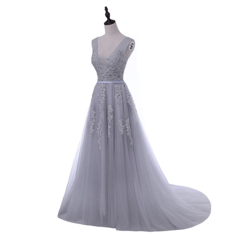 Evening Gown Lace Tulle Deep V-Neck Sleeveless Formal Party Elegant A-Line Dress Women