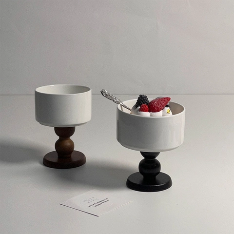 Ciotola Da Dessert In Ceramica Vintage Francese Con Base In Legno Coppa Da Cocktail A Piedi Per Gelato Frutta Yogurt Arredamento