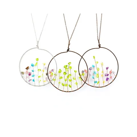 Tree Of Life Hanging Ornament Handmade Wire Wrapped Natural Stone Colorful Crystal Chips Boho Home Decor Wall Window Decoration