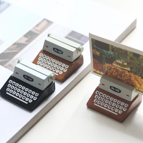 Retro Coffee Cup Typewriter Desktop Card Holder Photo Clip Message Stand Office Home Table Decoration Resin Wood
