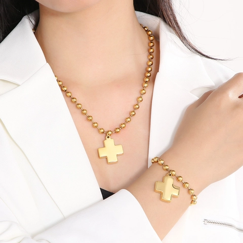 Collana E Bracciale Con Pendente A Croce In Acciaio Inossidabile Catena A Sfere Gioielli Di Moda Hip Hop Punk Per Donne Uomini