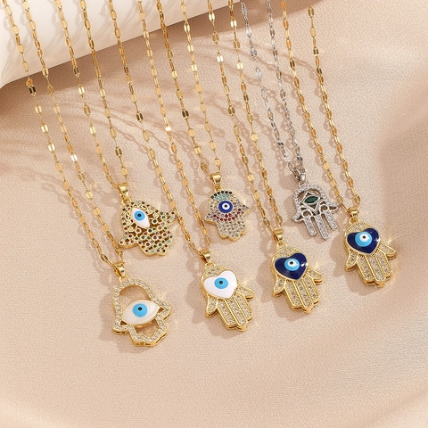 Vintage Kupfer Zirkonia Hand Der Fatima Anhänger Halskette Für Damen Herren Gold Silber Plattiert Böser Blick Mode Schmuck