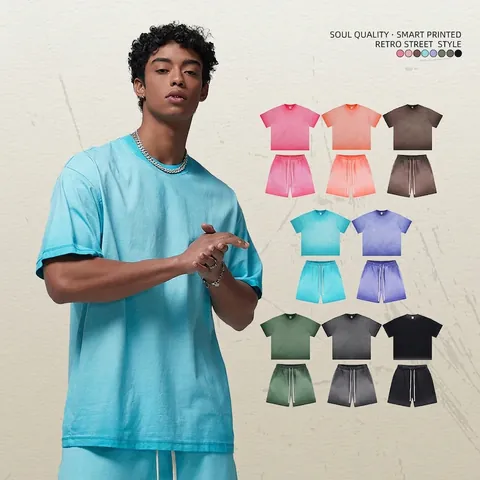 Men Casual Suit Cotton Heavyweight Washed Vintage Short Sleeve T-Shirt And Drawstring Shorts Retro Streetwear