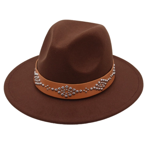 Vintage Wide Brim Fedora Hat With Rivet Leather Band Wool Felt Jazz Cap Retro British Style For Men Women