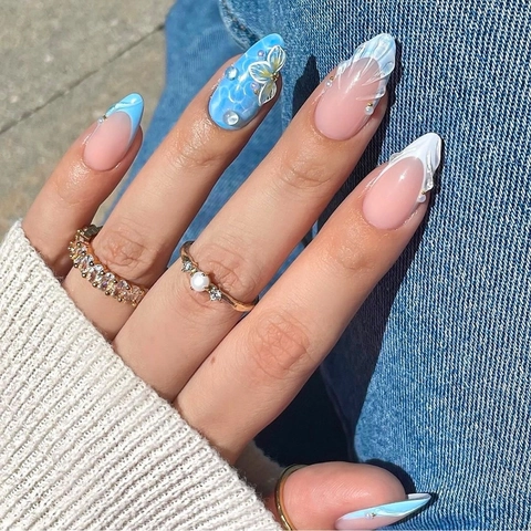 Uñas Postizas Press On 3D Concha Gota De Agua Francés Azul Blanco Forma Almendra Uñas Artificiales Perla Artificial Flor Decoración Mujeres