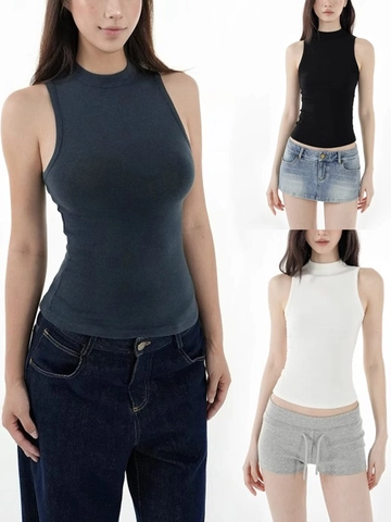 Womens Mock Neck Sleeveless Tank Top Ribbed Knit Slim Fit Viscose Cotton Blend Basic Stretchy Vest