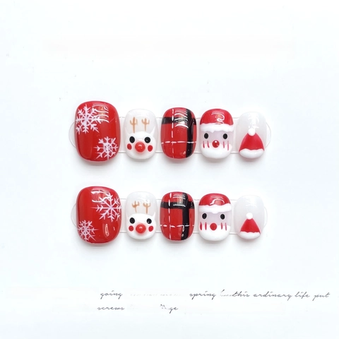 Christmas Press On Nails Short Square Handmade Red White Elk Snowflake Santa Plaid Patterned Fake Nails For Women