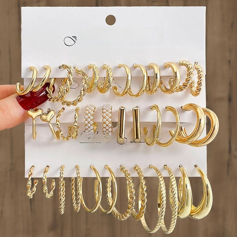 Vintage Gold Alloy Earring Multipack For Women French Ins Style Geometric Heart Flower Artificial Pearl Hoop Stud Earrings Set