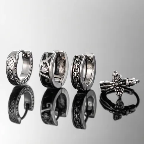 Retro Gotische Hoop Oorbellen Titanium Staal Kruis Kettingpatroon Zirkonia Punk Vintage Sieraden Voor Heren Dames