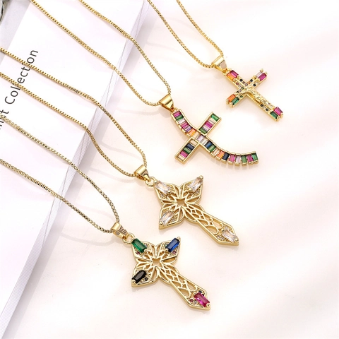 Collana Con Pendente A Croce Hip Hop Rame Zircone Colorato Micro Pavé Gioielli Di Moda Unisex Catena Box