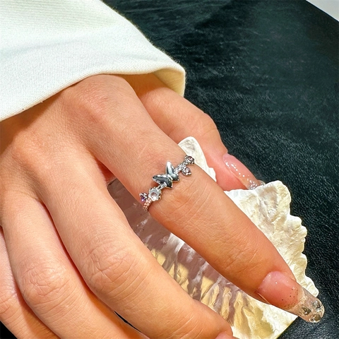 Schmetterling Verstellbarer Offener Ring Edelstahl Französischer Stil Unregelmäßig Zirkon Inlay Eleganter Schmuck