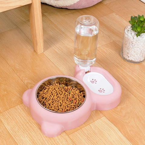 Bear Shaped 2-In-1 Pet Feeding Station With Automatic Water Dispenser And Stainless Steel Bowl For Cats And Small Dogs Daily Use