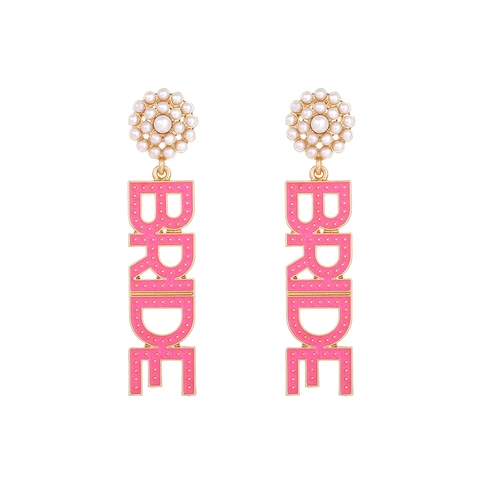 Bride Letter Dangle Earrings Alloy Imitation Artificial Pearl Cluster Enamel Wedding Jewelry Fashion Elegant Accessories