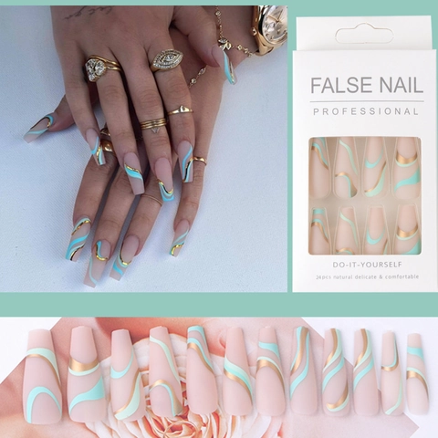 Lange Coffin Kunstnägel Matt Nude Pink Mit Blauem Wellenmuster Und Goldenen Linien Elegante Modische Falsche Nägel