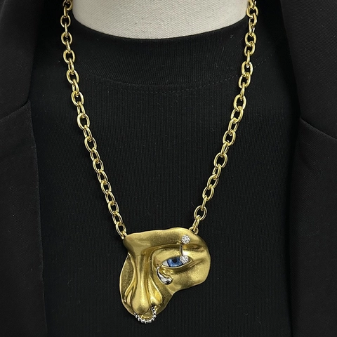 Surrealist Abstract Half Face Mask Pendant Necklace For Women Men Alloy Rhinestone Blue Eye Cuban Chain Hip Hop Trendy Statement Jewelry